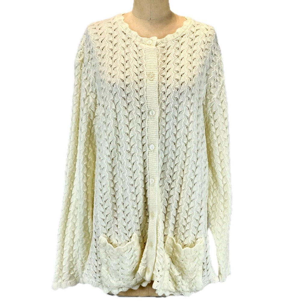 VINTAGE buttercream open hole lace knit sweater cardigan button‎ front 80s XL